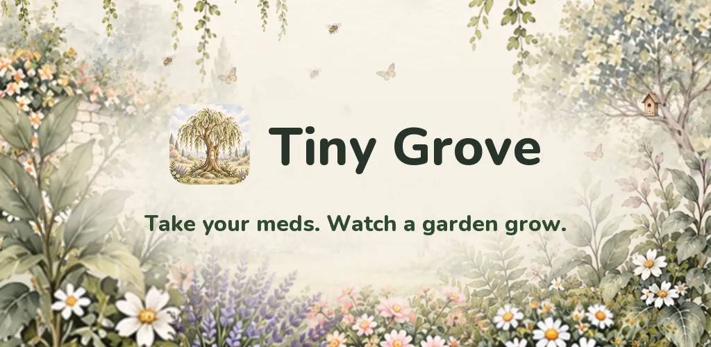 The Tiny Grove app icon and name over a watercolor garden